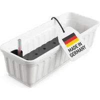 ALPFA Balkonkasten 80 cm weiß mit Wasserspeicher Made in Germany Blumenkasten (Spar-Set, Balkonkasten mit Bewässerungssystem und Abstandshalter), wetterfest pflegeleicht langlebig frostsicher