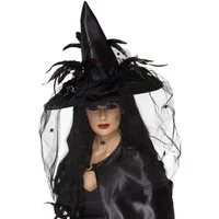 Smiffys Hexen-Kostüm Feder Hexenhut für Karneval Faschingskostüm Damen, Spitzhut mit Netz, kleinen Spinnen und echten Federn