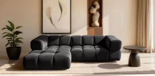 Ecksofa Designersofa BLANCHE in Stoff Bluvel Schwarz Ottomane Links
