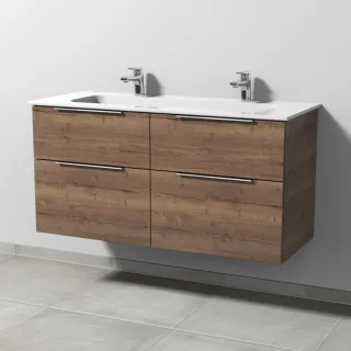 Sanipa 3way Keramik-Set Design Keramik-Doppelwaschtisch und Unterbau mit 4 Auszügen, Eiche-Tabak UM48350