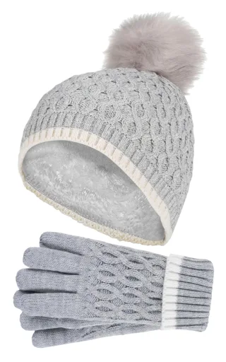 Heat Holders - Thermoisolierte Pom Pom Bommelmütze und Handschuhe für Mädchen | Bunte Pastellfarben - Wolkengrau