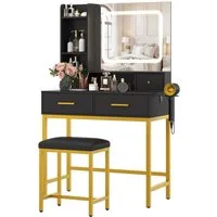 GarveeMore Schminktisch Set mit LED Beleuchtung und Hocker,Frisiertisch 80cm mit Ladestation, Komplettes Make-up (Steckdose+USB) 3 Lichtfarben dimmbar,4Schubladen