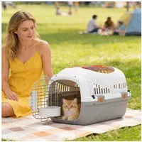 PawHut Tiertransportbox Transportbox für Katze Miniaturhunde bis 4 kg, mit Dachöffnung Futternapf Sicherheitsverschluss 49x32x31cm Hellgrau