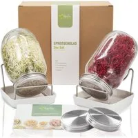 Hellosprout Anzuchttopf Sprossenglas, Keimglas Set, Sprossengläser 2 x 1000 ml (Sprossen Anzuchtset, Keimglas für Sprossen), Extragroße Öffnung und rostfreier Edelstahlsieb