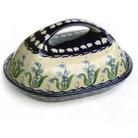 Bunzlauer Keramik Manufaktura Butterdose oval mit großem Griff, Unterteil und Deckel oval geformt, großer Griff.