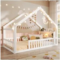 Merax Kinderbett in Hausform, Bodenbett mit integriertem Regal und Lampenleis (1-tlg), Kiefernholz Babybett Flachbett 90x190cm Hausbett mit Gitter & Ablage