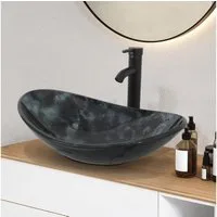 Puluomis Aufsatzwaschbecken Waschbecken Set mit Wasserhahn und Ablaufgarnitur Oval, Handgezeichnet Waschschale, Waschplätze für Badezimmer Küche WC