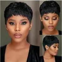 LuxusKollektion Echthaarperücke Echthaarperücke Pixie Cut Bob Kleberlos Pony Schwarz
