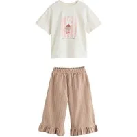 Next Top & Hose Kurzarm-T-Shirt und weite Hose mit Rüschen im Set (2-tlg)