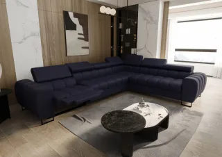 Ecksofa Schlafsofa BASTIEN RELAX in Stoff Terra Dunkelblau Ottomane Rechts