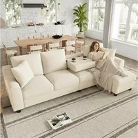 Merax Ecksofa L-Form Ecksofa 4 Sitzer, Chenille Sofa Mit Chaiselongue, 1 Teile, Klappbare Rückenlehne, Getränkehalter, Bettkasten, Stauraum, Couch