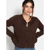SASSYCLASSY Cardigan Elegante Strickjacke Damen mit Rüschendetails Femininer Cardigan mit Wollanteil Beige Hellgrün Schwarz Braun