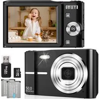 AIBISTAR Digitalkamera 1080P 50MP für Kinder mit 16X Zoom 32G Kompaktkamera (50 MP, inkl. zwei Akkus, ein Cardreader, 32 GB, Gesichtserkennung,Serienbildmodus,Anti-Shake Funktion,Selbstauslöser)