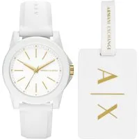 ARMANI EXCHANGE Quarzuhr AX7126, (Set, 2-tlg., mit Kofferanhänger), Armbanduhr, Damenuhr, Silikonarmband, Geschenkidee