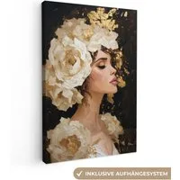 OneMillionCanvasses® Leinwandbild Abstrakt - Frau - Blumen - Weiß, Fotodruck (1 St), Leinwand Canvas Wandbild, Wanddekoration 20x30 cm