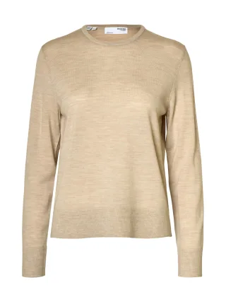 selected women - SLWTHEA LS KNIT MERINO O-NECK NOOS Oatmeal - Gr. - M