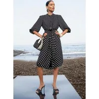 MADELEINE Midikleid Tupfenkleid mit Wickeloptik Sommerkleid mit Rundhals, Knopfleiste, Bindeband, Taschen und Langarm