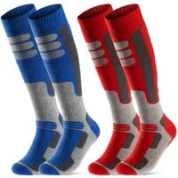 sockenkauf24 Skisocken 2 Paar Ski Strümpfe Herren & Damen Ski Socken lang (Rot/Blau, 39-42) Atmungsaktiv - 42816
