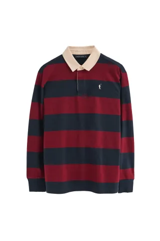 Poloshirt marineblau und granatrot gestreift mit langen Ärmeln und gesticktem Rigby Go-Logo