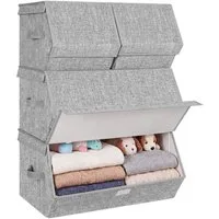 SONGMICS Aufbewahrungsbox mit Magnetverschluss, Stoffboxen Aufbewahrung, mit Deckel, 4er Set Kleiderschrank-Organizer, stapelbar