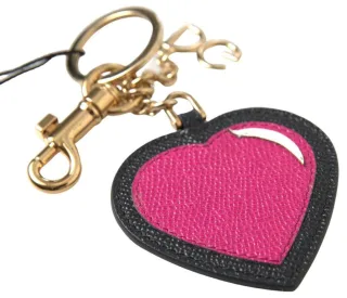 Dolce & Gabbana Schwarze Fuchsia Herz Leder Gold Metall Schlüsselanhänger