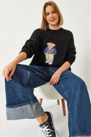 Bestickter Oversized Rundhalsausschnitt-Pullover