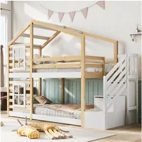 Merax Etagenbett, mit Treppen und Rausfallschutz, Kinderbett Hochbett Kiefer, Einzelbett