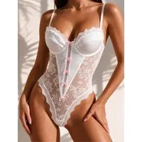 Elegant Love Body Stringbody Damen Reizwäsche mit Bügel-Cups und floraler Spitze Dessousbody Frauen transparent, Mesh, High-Leg-Schnitt, Zierschleifen