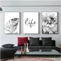 Trayosin Poster 3-teiliges Poster Set Blume Schwarz Weiß Feder Löwenzahn Wandbilder