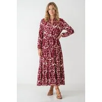 Kendindza Collection Sommerkleid Sommerkleid Damen Lang Viskose Elegantes Maxikleid lang Maxi Kleid Ikat-Print Knopfleiste & Schnurbund, Luftig Leicht