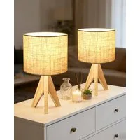 EDISHINE Nachttischlampe 2er Set, Vintage Tischleuchte aus Holz mit Leinenlampenschirm, LED wechselbar, warmweiß, H36 cm Tischlampe mit Leuchtmittel