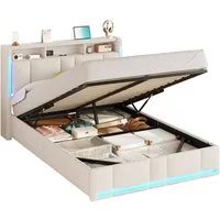 MSMASK Polsterbett mit Steckdosen & LED Beleuchtung, Stauraum und Kopfteil, 150×215 cm, Beige, mit Stauraum & LED Beleuchtung
