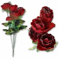 Kunstblume 4 Stück Rose Plastik dunkelrot mit Glitzer und Grünschmuck - ca. 51 cm, BEMIRO