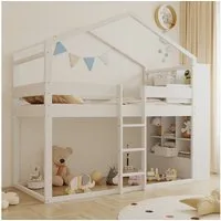 Merax Hochbett 90×200cm aus Kiefernholz (Etagenbett Jugendbett Stockbett, 1-St) Kinderbett mit Staufächern, Leitern, Sicherheitsgeländern und Dach