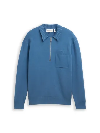 Denim Tom Tailor - Relaxed Fit Strickpullover mit Polokragen dusty denim blue - Gr. - XL