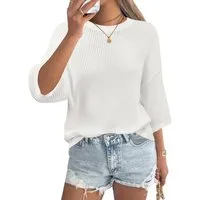 Arach&Cloz Strickpullover Damen 3/4-Arm Strickpullover, Ajour Bigshirt Bluse aus 100% Baumwolle Lässiges Sommer Oberteil mit Häkeldetails