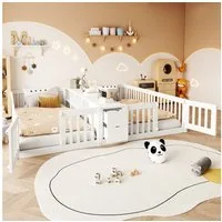 HAUSS SPOLE Kinderbett 90×200 Holzbett mit Schublade,Doppelbett mit Sicherheitsgitter,Weiß (Geschwisterbett Holz-Zwillingsbett mit umlaufenden Seitengitter und offenen Regalfächern), ohne Matratze