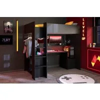 Parisot Hochbett Meddox mit LED & integriertem Gaming‑Arbeitsplatz (Gesamtaußenmaße B/T/H 203,7/94,4/180 cm) Stauraum, Schreibtisch & sicherer Rausfallschutz