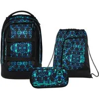 Satch Schulranzen Schulrucksack-Set PACK Caleido Blue 3-teilig (3-teilig), ergonomisch, Your-Size-System: auf Körpergröße anpassbar