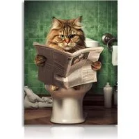 Dazzlewall Leinwandbild Lustige Katze Toilette Zeitung Lesend Wandbild Badezimmer Deko 30x40cm