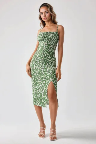 Allover Blumenmuster Bodycon Midi Kleid mit Schlitz