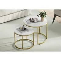 Home Collective Couchtisch 2er Set Beistelltisch Loft Design 2in1 Verschachtelung Wohnzimmer, kratzfeste Oberfläche 53cm & 43cm Marmor Optik, goldenen Beinen rund