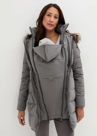bonprix 3-in-1 warm wattierte Umstands- und Tragejacke, grau, Gr.36, Wattierte Schwangerschaftsjacke für die Schwangerschaft und danach