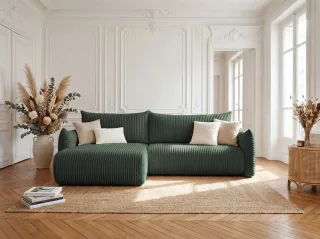 Ecksofa Schlafsofa MAILAND in Stoff Tilia Grün Ottomane Links