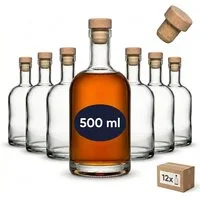 gouveo Trinkflasche Glasflaschen “Klassik” mit Korken - Runde Flasche aus Glas, 12er Set 500ml, transparent, Holzgriffkorken