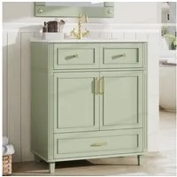 HAUSS SPOLE Badkommode mit Keramikbecken & Soft-Close Schublade,Badezimmerunterschrank (Waschbeckenunterschrank mit Multifunktionaler Stauraum, mit geräumige Schublade und zwei Ablagefächer), Praktischer Überlaufschutz