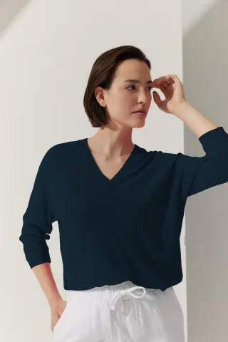 THE FASHION PEOPLE - Linen V-Neck knitted dark navy - Gr. - S