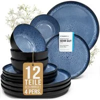 PURE LIVING INTERIOR DESIGN Geschirr-Set Ibiza aus Steingut, 12-tlg., für 4 Personen, Tiefblau (12-tlg), 4 Personen, Steingut
