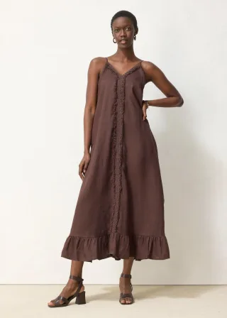 bonprix Maxikleid aus reinem Leinen, braun, Gr.44, sommerliches Leinen Maxikleid mit verstellbaren Spaghetti-Trägern und schmückender Rüsche, aus Leinen