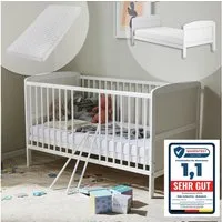 Kids Collective Babybett Kinderbett 70x140 cm umbaubares Gitterbett höhenverstellbar, herausnehmbare Sprossen mit Matratze, weiss Vollholz Kiefer